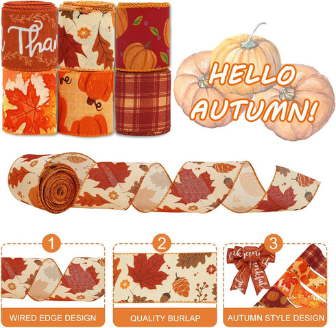 Fall Wired Edge Ribbons 36 Yards Pumpkin Maple Leaves Fabric Ribbon Orange Brown Autumn Leaves Plaids Craft Ribbon for Thanksgiving Farmhouse Bow ...