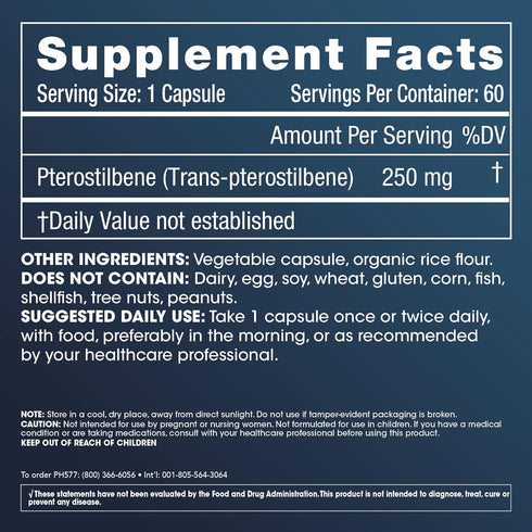 Pterostilbene Supplement (250mg, 60 Capsules) | Clinically Proven, Third-Party Tested Antioxidant for Heart & Brain Health | Activates Longevity G...