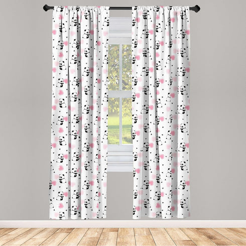 Lunarable Panda Window Curtains, Cartoon Style Bear Drawings Pinkish Foliage Leaves Chinese, Lightweight Decor 2-Panel Set with Rod Pocket, Pair o...