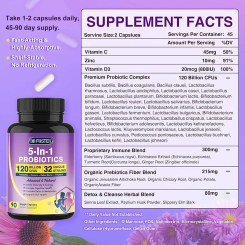 Probiotics for Women & Men Digestive Health?120 Billion CFUs, Prebiotics and Probiotics for Gut Health, D3, Zinc & Immune Support Herbs, Detox Cle...