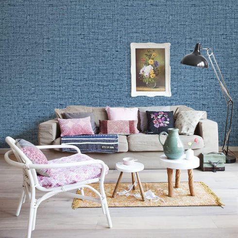 Blue Peel and Stick Wallpaper Linen Contact Paper for Cabinets Countertops Waterproof Grasscloth Wall Paper for Bedroom Stick on Wallpaper Texture...
