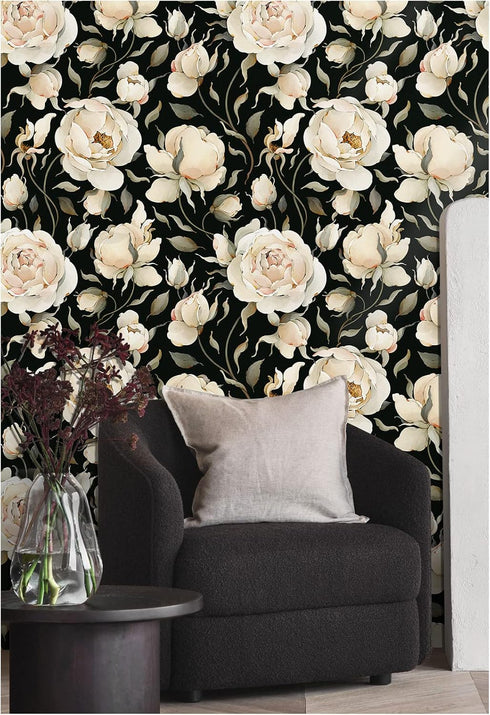 HAOKHOME 93242-1 Peel and Stick Wallpaper Floral Vintage Roses Peonies Contact Paper Removable Black/Beige/Olive Self Adhesive Mural 17.7in x 6.5f...
