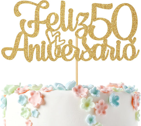 Ferastar Feliz 50 Aniversario Cake Topper, 50th Anos De Amor Wedding Decor, Happy 50th Anniversary Party Supplies Gold Glitter....