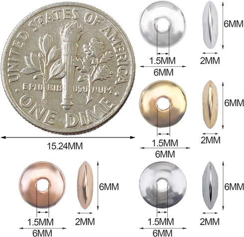 COIRIS 800pcs 4 Colors Round Spacer Beads 6mm Gold Silver Rhodium Rose Gold Plated Metal Loose Disc Beads for Bracelet Necklace Earring Jewelry Ma...