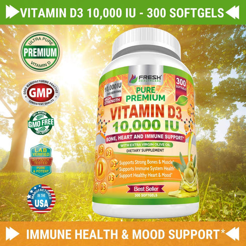 Premium Vitamin D3 10000 IU (250mcg) Infused with Extra Virgin Olive Oil - Immune Support - 300 Softgels - Supports Heart, Joints, Bone, Muscle an...