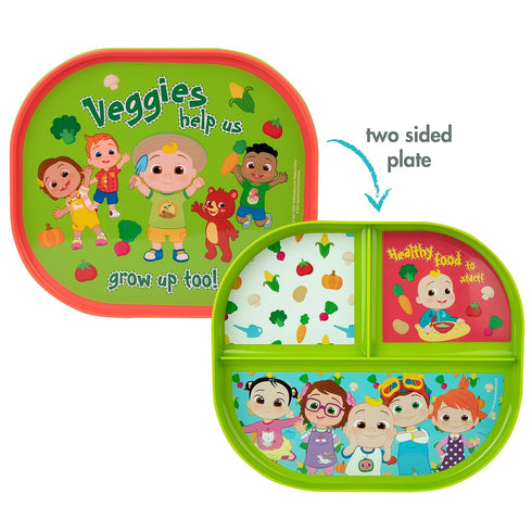 The First Years CoComelon Toddler Dinnerware Set - Plastic Dinnerware Set and Toddler Utensils - 2 Reversible Baby Plates and 4 Textured Baby Spoo...