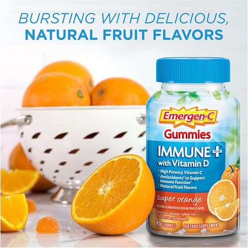 Emergen-C Immune+ Immune Gummies, Vitamin D plus 750 mg Vitamin C, Immune Support Dietary Supplement, Caffeine Free, Gluten Free, Super Orange Fla...