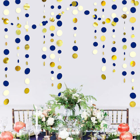 46 Ft Navy Blue and Gold Circle Dots Garland Royal Blue Hanging Paper Polka Dot Streamer for Birthday Wedding Bridal Baby Shower Graduations Nauti...