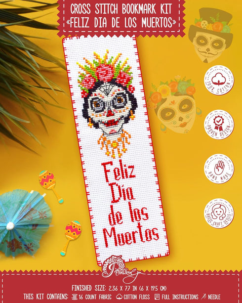 Povitrulya Counted cross Stitch Bookmark Kit 'Feliz Dia de los Muertos!' - DIY Embroidery set for Adults with Paper pattern, 16-count Aida Canvas ...