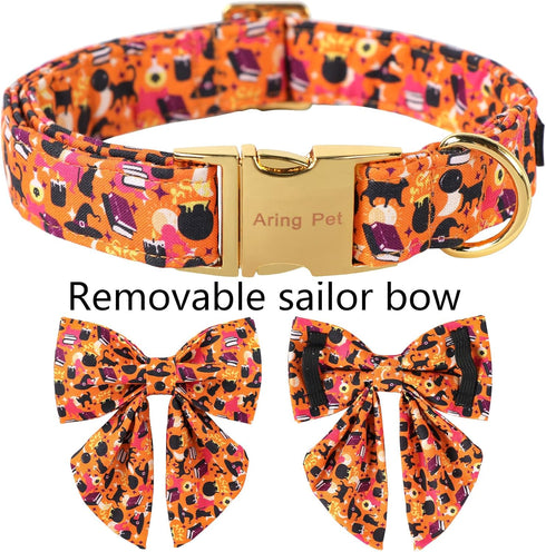 ARING PET Halloween Dog Collar, Cute Orange Dog Collar with Sailor Bowtie, Adjustable Cotton Halloween Pet Collars with Metal Buckle...