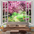Japanese Cherry Blossom Window Tapestry Tree Forest Path Pink Flowers Window Tapestry Botanical Floral Natural Landscape Aesthetic Tapestry for Li...