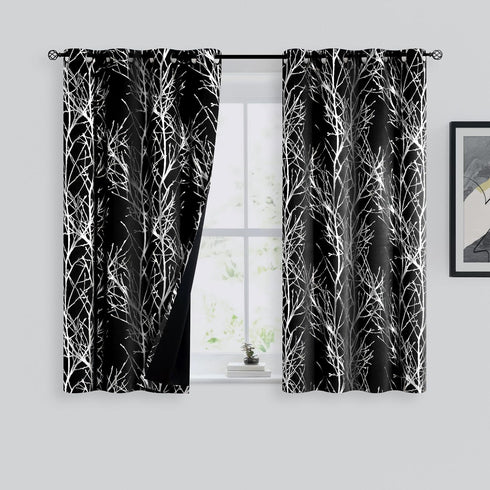 FMFUNCTEX 100% Blackout Curtains for Bedroom, Curtains 54 Inch Length Black Branch Curtains for Living Room, Silver Foil Metallic Tree Patterned P...