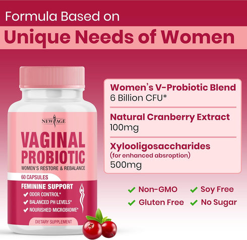 NEW AGE Vaginal Probiotics for Women with Prebiotics, Cranberry Extract, and a Lactobacillus Probiotic Blend, Supports Healthy pH Balance, Odor Co...