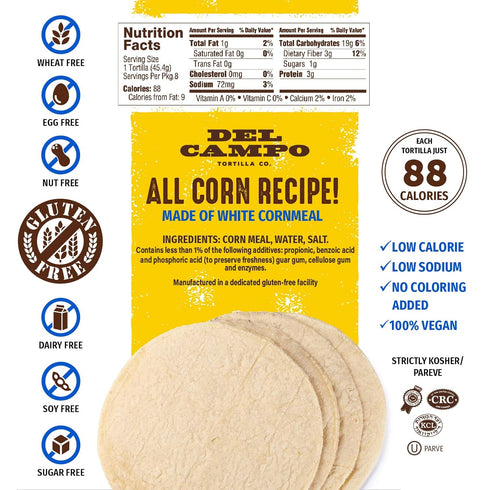 Del Campo Soft Corn Tortillas – 8 Inch Round. 100% Delicious Gluten Free and Authentic Mexican Food. Many Serving Options: Wraps, Tacos, Quesadill...