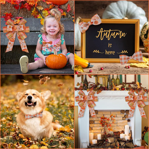 Whaline 8 Rolls 40 Yards Fall Thanksgiving Ribbons 2 Inch 1 Inch Orange Plaids Autumn Harvest Wired Edge Ribbon Rustic Pumpkin Craft Ribbon for Wr...