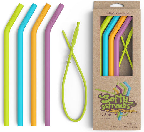 Wide Premium Reusable Silicone Drinking Straws + Patented Straw Squeegee - 9” Long With Curved Bend for 20 30 32 oz Tumblers Non Rubber, Flexible,...