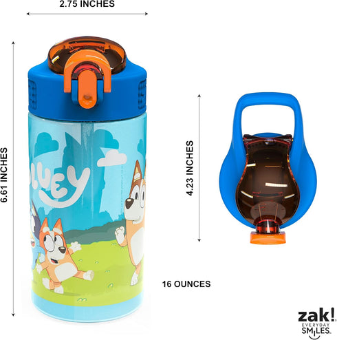 Zak Designs Bluey Kids Durable Plastic Spout Cover and Built-in Carrying Loop, Leak-Proof Water Design for Travel, (16oz, 2pc Set), Bluey Bottle 2...