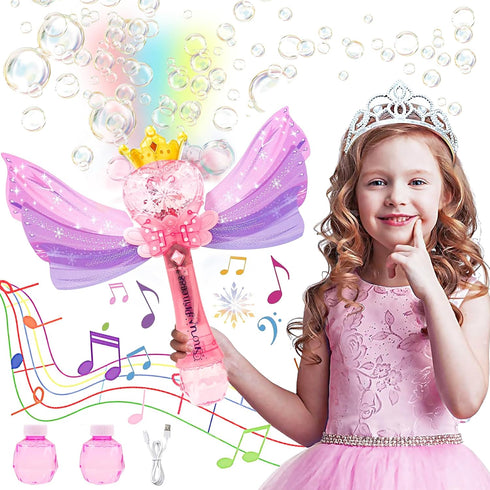 Bubble Wands for Kids Girls - Rechargeable Princess Light Up & Music Bubble Machine with 2 Bubble Solutions, Outdoor Party Birthday Toys for Toddl...