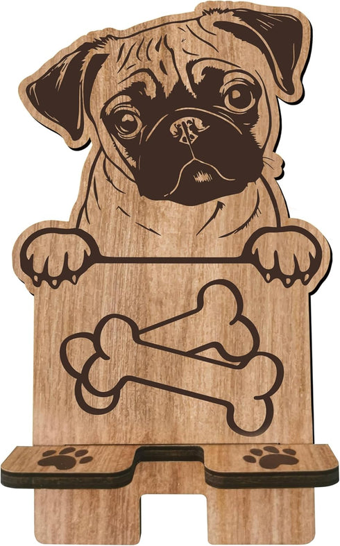 Dog Theme Wooden Phone Holder - Pug - Phone Stand, Charging Station for E-Book, Smart Phones, Tablets, Desktop Organizer, Dog Lover Gift - 03...