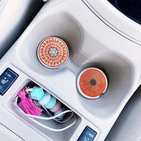AD Car Coasters Set of 6 Drink- Absorbing Round Ceramic Stone Coaster with a Finger Notch for Easy Removal Cork Base for Auto Cupholder Accessorie...