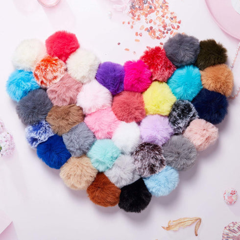 Hicarer 32 Pieces Pom Poms Keychains Fluffy Ball Faux Rabbit Fur Pompoms Keyring for Girls Women DIY Hats Shoes Bags Accessories...