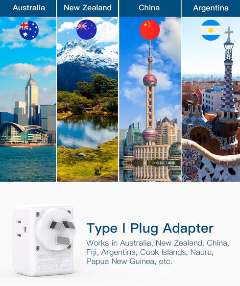 Australia New Zealand Power Plug Adapter, US to Australia Travel Adapter with 3 American Outlets 3 USB Ports (1 USB C), Type I Plug Adapter Travel...
