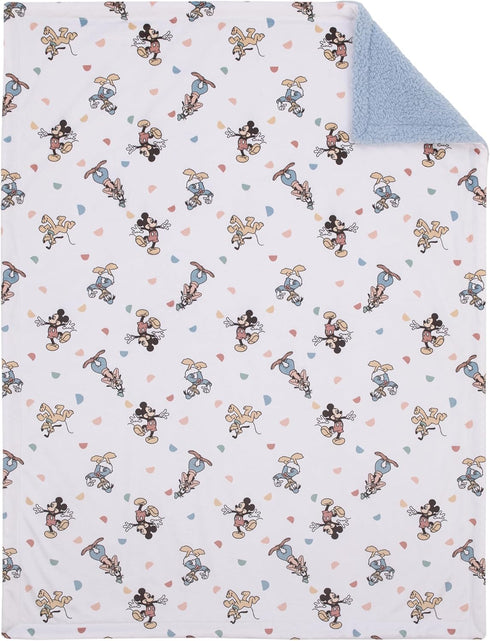 Disney Mickey Mouse Light Blue, White, and Tan Super Soft Sherpa Baby Blanket with Donald Duck, Goofy and Pluto...