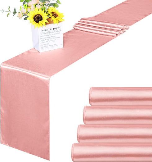 Aneco 4 Pack Satin Table Runner 12 x 108 Inch Long Bright Silk and Smooth Fabric Party Table Runner for Wedding Banquet Party Decoration- Rose Gol...