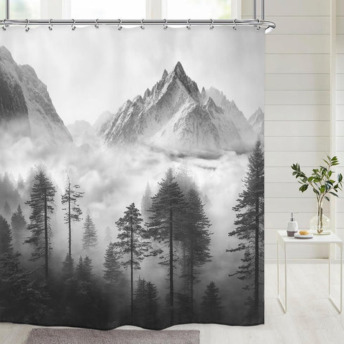 Riyidecor Misty Shower Curtain 72Wx72H Inch Foggy Snow Mountain Scenery National Park Smokey Tree Woodland Landscape Black Gray for Men Bathroom D...