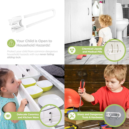 Sliding Cabinet Locks (4-Pack) 8 inch, Multi-Purpose Child Safety Lock by Skyla Homes - No Tools or Drilling Required, Best for Baby Proofing, Str...