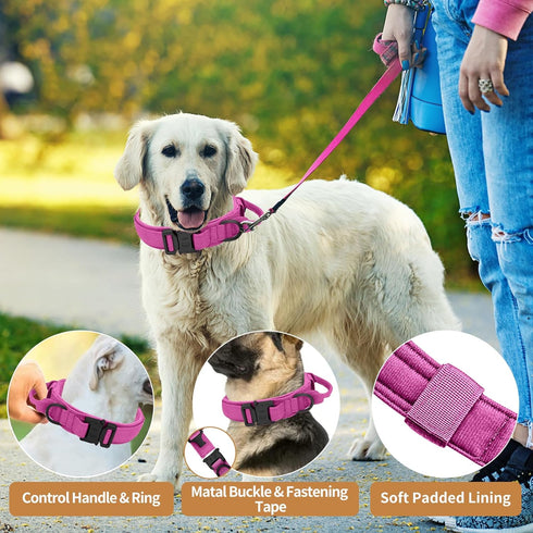 Tactical Dog Collar Heavy Duty Metal Buckle with Handle for Dog Training (Pink, M)...