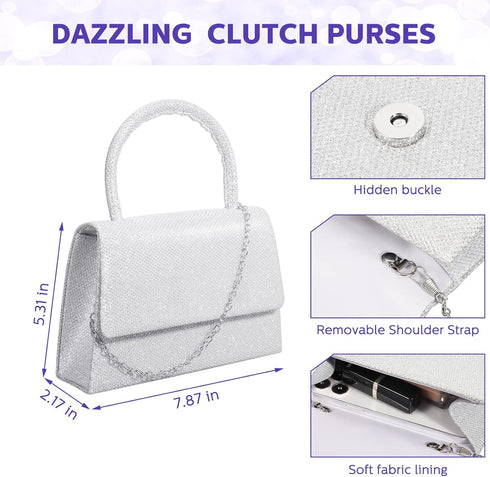 Silver Evening Bag Glitter Party Clutches Handle Women's Evening Handbags Small Bride Wedding Purses for Women Crossbody Cocktail Prom Handbags...