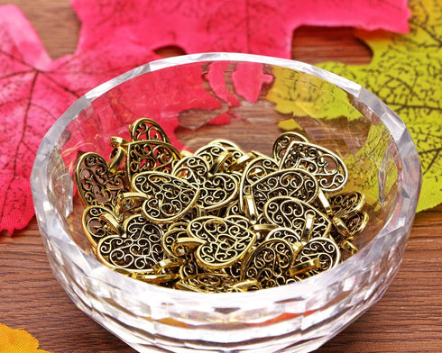 Shapenty Metal Heart Charms Beads Bulk for DIY Craft Pendants Bracelet Necklace Earring Keychain Jewelry Making Finding Accessory, 50PCS (Antique ...