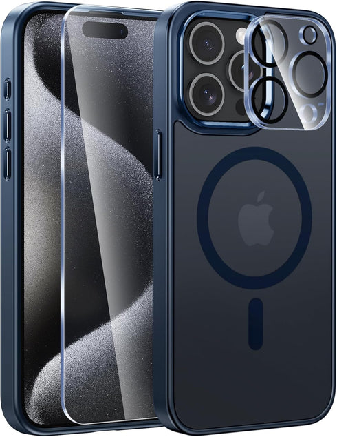 FNTCASE for iPhone 15 Pro-Max Case: Strong Magnetic Phone Case with Screen Protector | Camera Protector Translucent Matte Slim Shockproof Military...