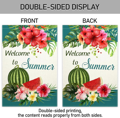 ChloropLastid Welcome to Summer Garden Flag Tropical Watermelon Palm Leaves Floral Small Double Sided Decorative Outdoor Yard Flag 12 x 18 Inch Se...