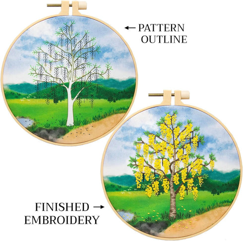 B.Embroidery Hand Sewing kit with Pattern and Full Instructions, Blossom Golden Shower Tree Embroidery Starter kit with a Colorful awhite Backgrou...