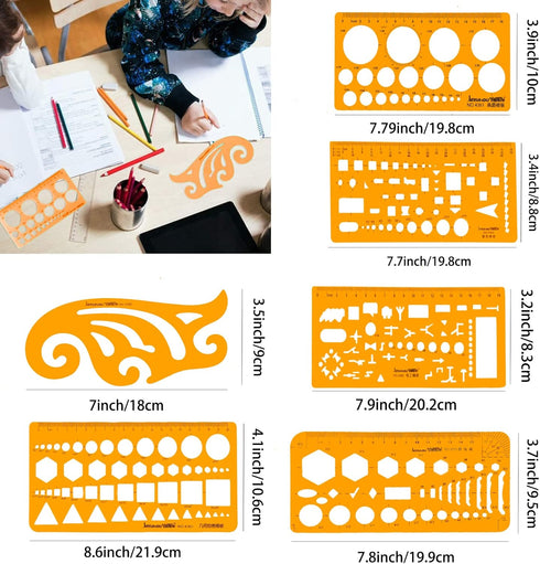 KESAPLAN 9 PCS Geometric Drawings Templates, Drafting Stencils Measuring Tools, Plastic Clear Orange Multi-Function Measuring Rulers with French C...