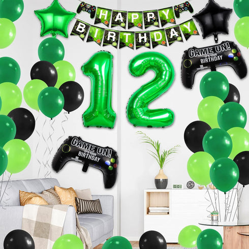 12th Video Game Birthday Party Set Include Happy Birthday Banner Video Game Balloons Controller Balloons Green Black Stars Aluminum Foil Balloons ...