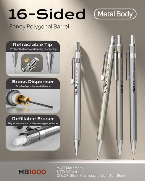 Nicpro Mechanical Pencil 0.7mm with Case, 4 Pack Metal Mechanical Pencil Set with 8 Tube HB #2 Lead Refill 0.7 mm, 3PCS 4B Eraser, 9 Eraser Refill...
