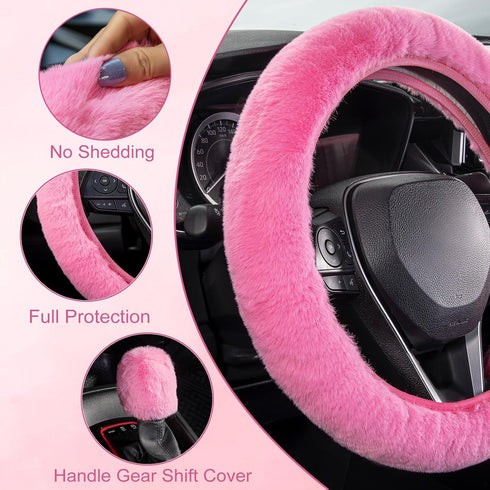 SEG Direct Furry Car Steering Wheel Cover with Fluffy Gear Shift Cover Soft Warm Non-Slip Car Decoration for Women Girls 2 PCS Set, Pink...