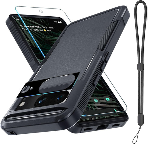 for Google Pixel 8 Case, Full Body Heavy Duty Rugged Shockproof Protective Phone Cover with Wrist Lanyard Strap, Tempered Glass Screen Protector a...