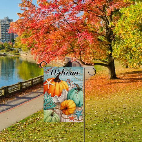 Welcome Fall Thanksgiving Teal blue Pumpkin Nautical Home Decorative Garden Flag, Autumn Yard Lawn Coastal Ocean Outside Decor, Beach Farmhouse Ou...