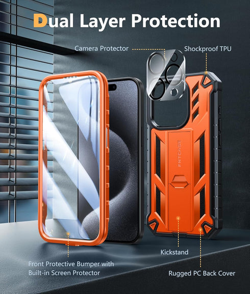 FNTCASE for iPhone 15 Pro Case: Military Grade Drop Proof Rugged Protective Cell Phone Cover with Kickstand & Built-in Protector | Matte Textured ...