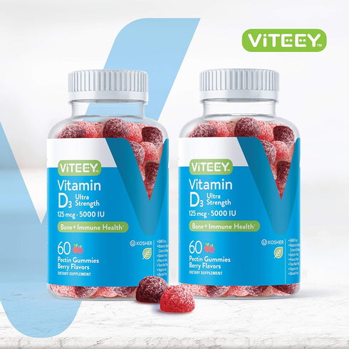 Vitamin D3 Gummies for Adults & Teens - 5,000 IU, 125mcg, Ultra Strength - Joint & Muscle Health, Immune Boost - Chewable Vitamin D Gummies - Vege...
