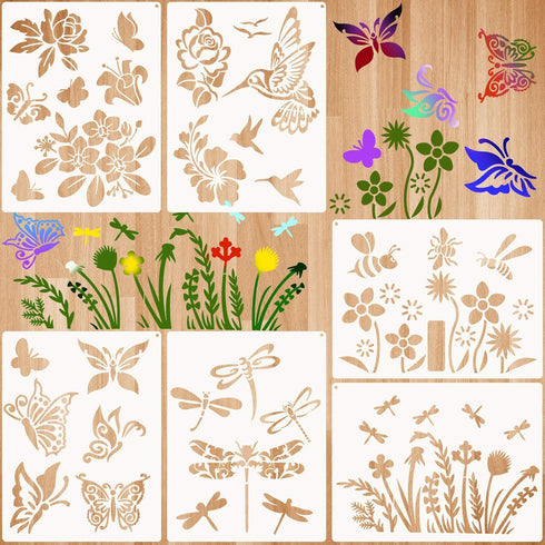 6 Pieces Flower Stencil Bee Stencil Butterfly Painting Stencil Template Bird Bee Drawing Template Reusable Painting Stencil and Metal Open Ring fo...