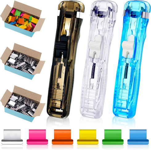 3 Pack Paper Clam Portable Handheld Paper Clip Dispenser 30 Sheet Capacity with 50 Pcs Reusable Colorful and 124 Pcs Silver Clips Fast Paper Clipp...
