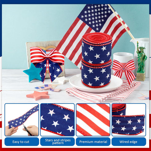 ZOCONE 2 Rolls 20 Yard Red White Blue Patriotic Ribbon Star and Striped Wired Ribbon for 4th of July, Independence Day, Memorial Day, Wreath Makin...