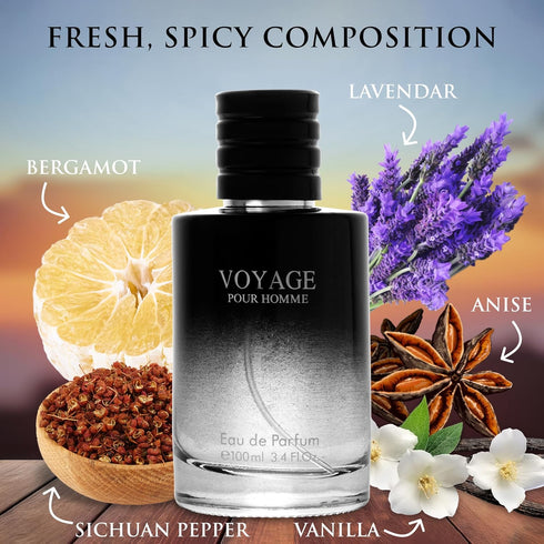 Voyage for Men Eau De Parfum - Sophisticated Male Fragrance Composition of bergamot, Pepper, Lavender, Star Anise & Nutmeg - Base of Peppery & Van...