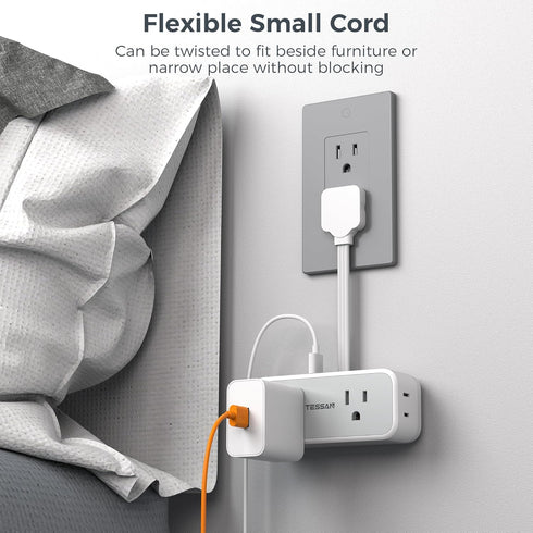 Short Extension Cord 6 inch, TESSAN Slim Flat Thin Plug Power Strip with 4 AC Outlets 3 USB (1 USB-C) Charging Ports, Small White Desk Charger, Mi...