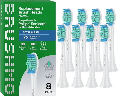 Brushmo Total Clean Replacement Toothbrush Heads, Compatible with Philips Sonicare Click-on Electric Toothbrush Handles, 8 Standard Replacement He...